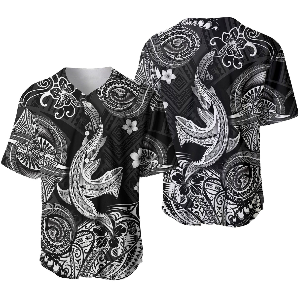 Black baseball jersey with white tribal Polynesian graphics, short sleeves, button front