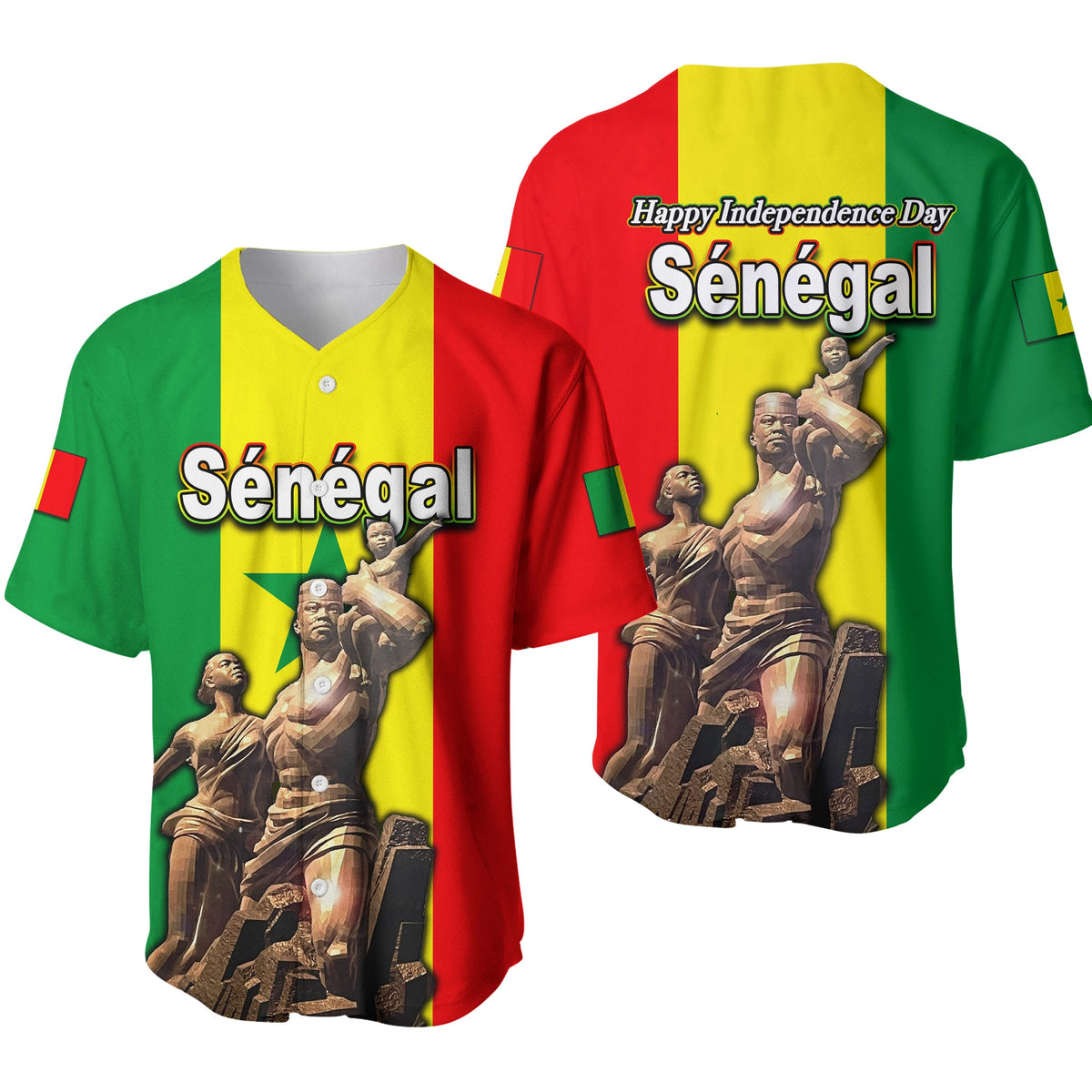 Unisex baseball shirt with Sénégal text and monument graphic on red/green/yellow panels
