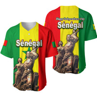 Unisex baseball shirt with Sénégal text and monument graphic on red/green/yellow panels