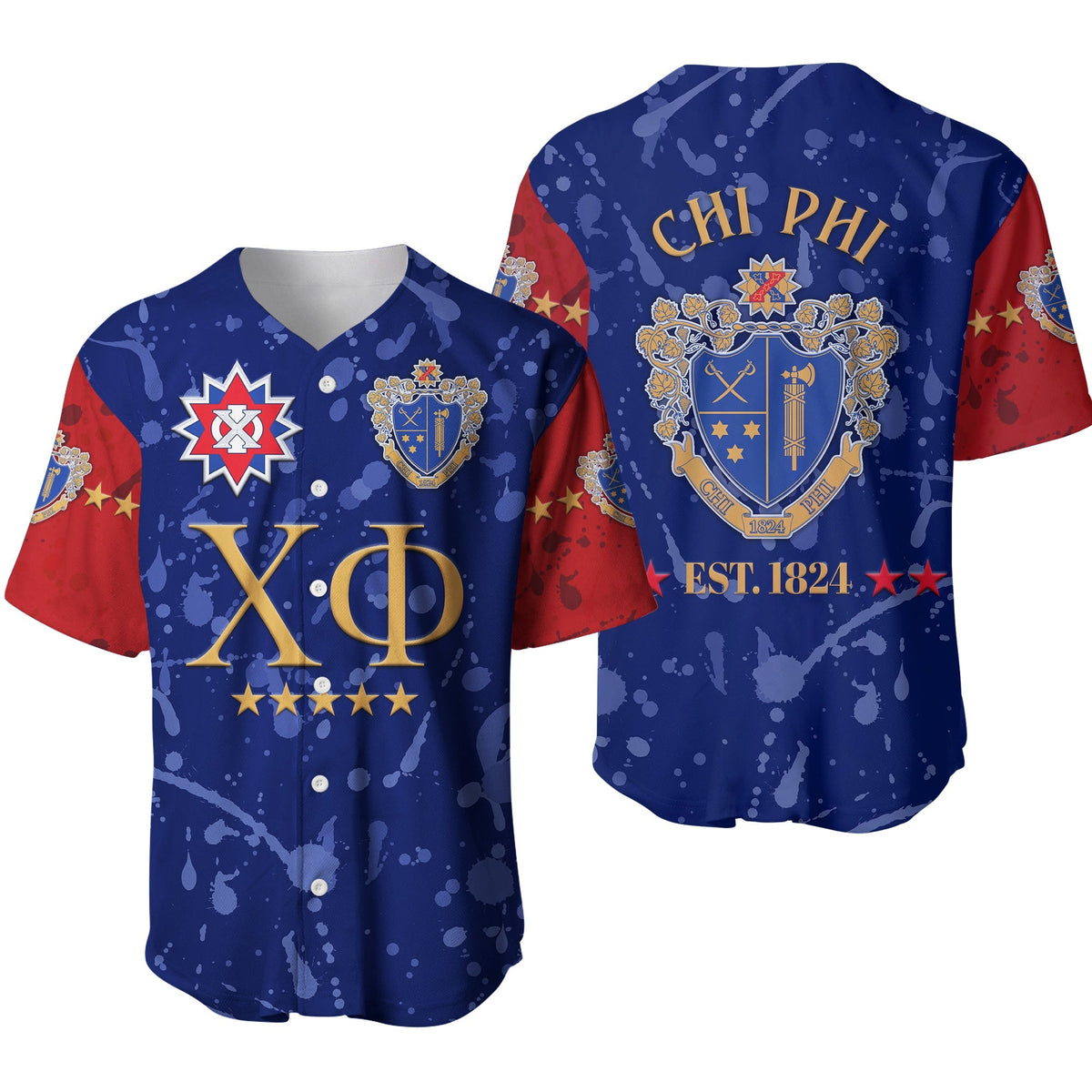 Baseball-Jersey blau mit roten Einsätzen, vorderes Design mit Wappen und Schrift