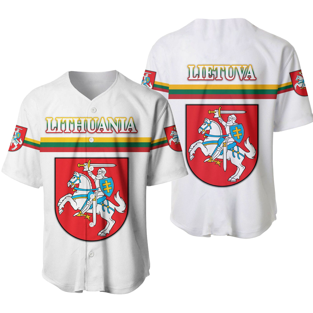 White Lithuania baseball jersey with V-neck and red-green flag stripe crest graphic, “Lietuva”