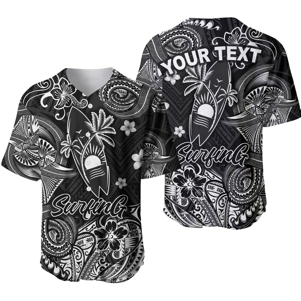 Black baseball jersey with white Polynesian surf pattern and tropical motifs