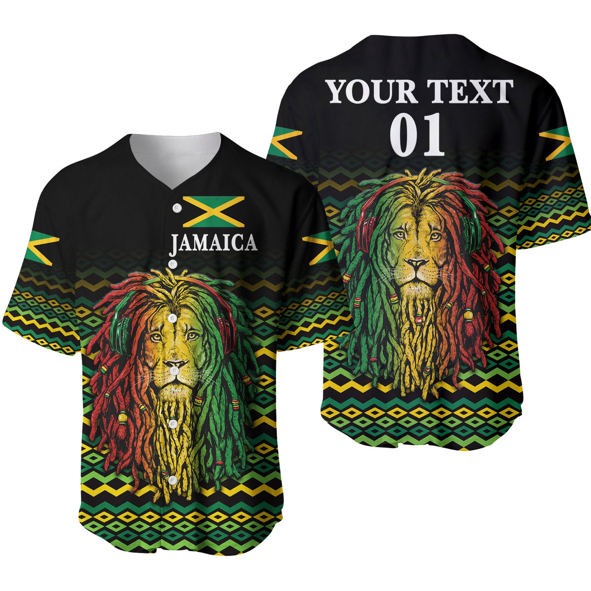 Black baseball jersey with Jamaica crest, lion artwork, and 'YOUR TEXT 01' back print