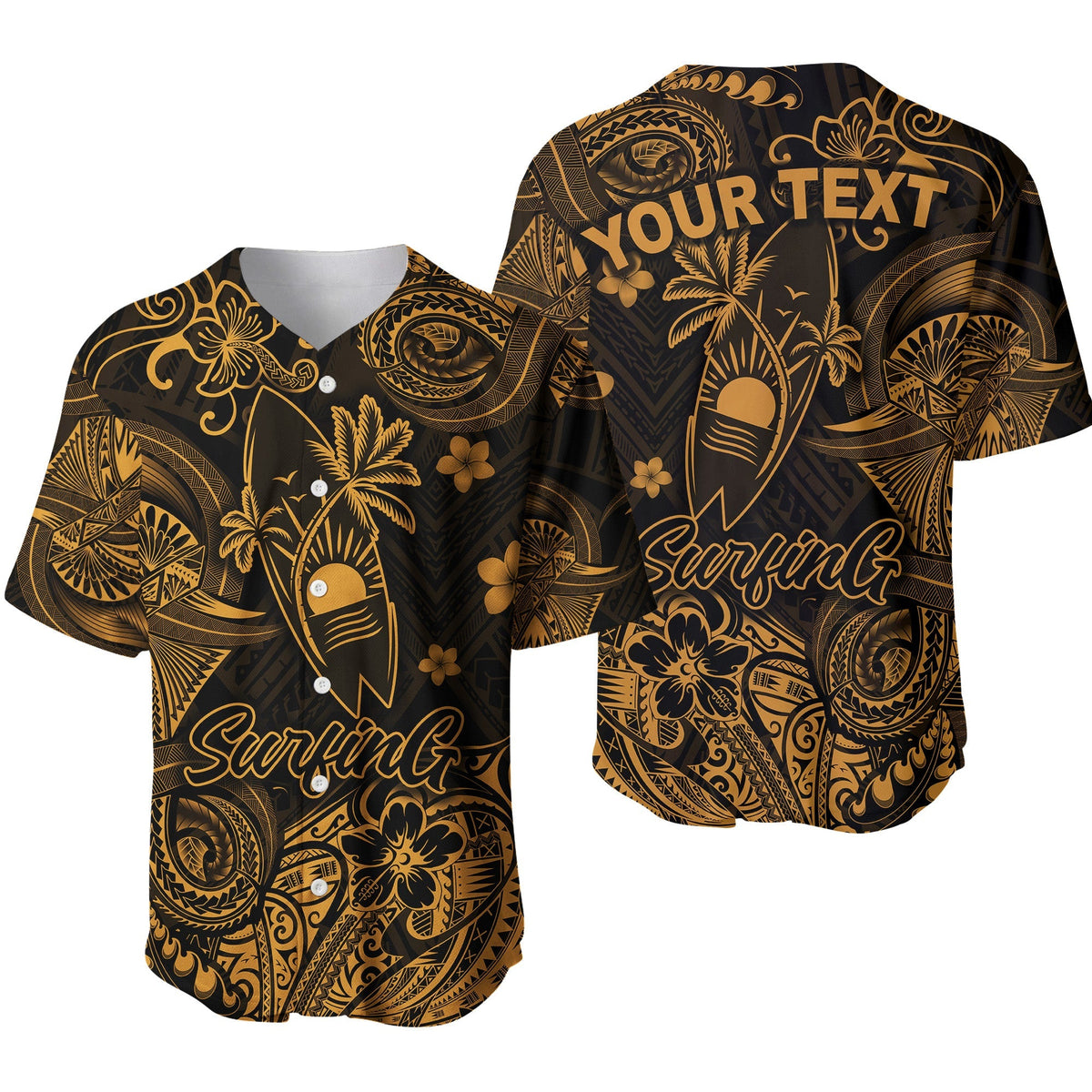 Gold and black Polynesian surf baseball jersey with ornate floral and wave graphics