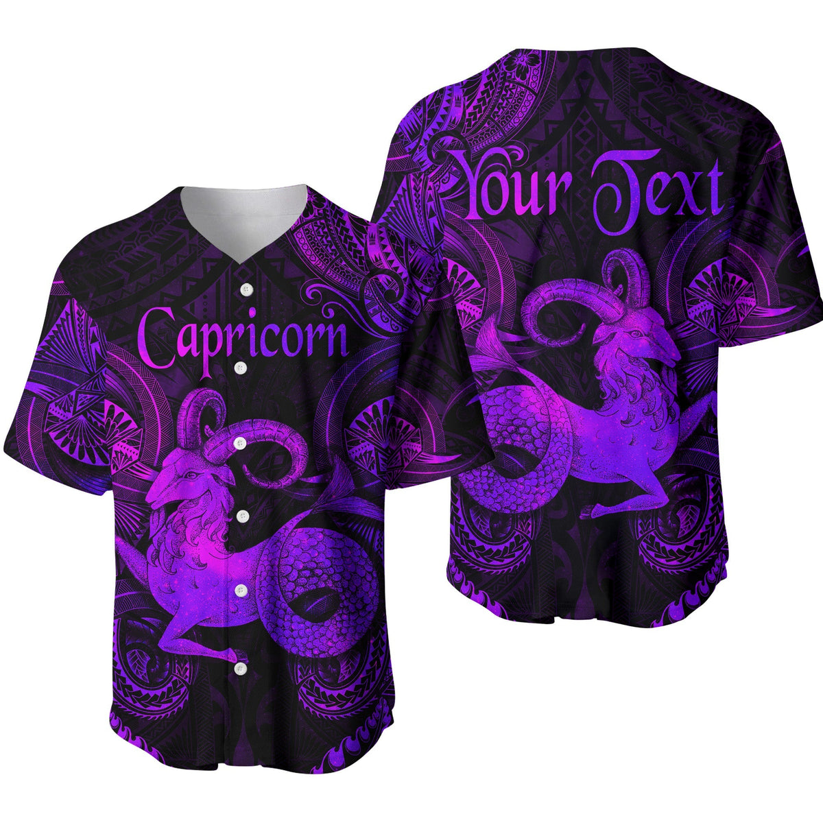 Lila Baseballjacke mit Capricorn-Zodiak-Grafik, Knopfleiste und Kragen