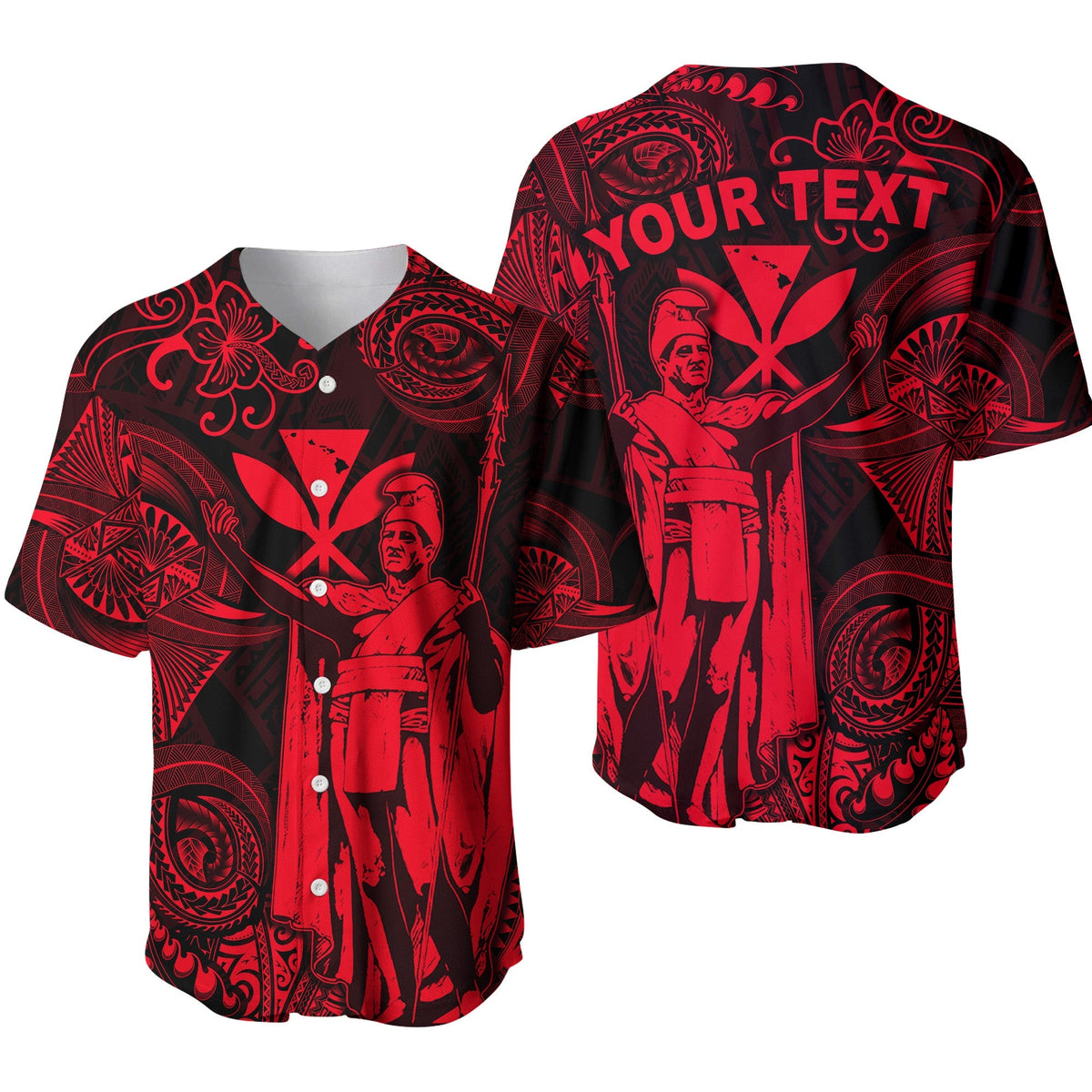 Red polynesian baseball jersey with black pattern, button front and collar, portrait graphic