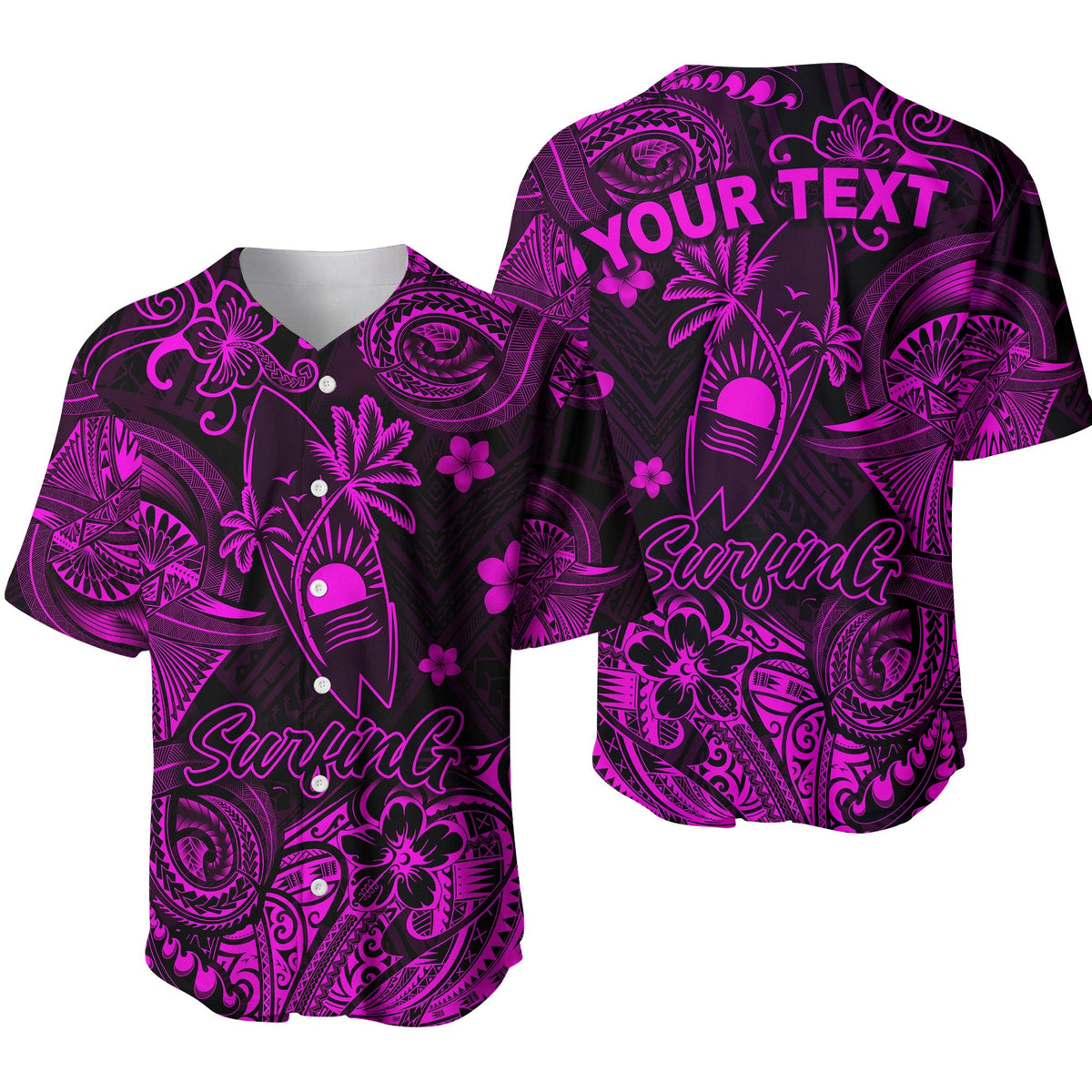 Pink custom baseball jersey with black/purple surf, palm, and Polynesian pattern; YOUR TEXT