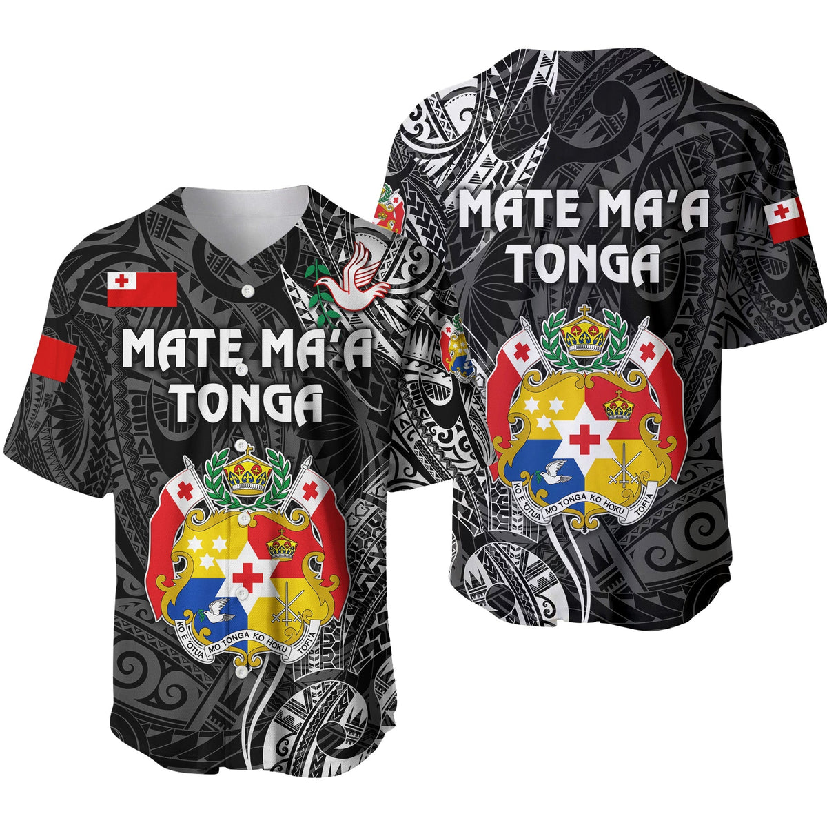 Black Tonga baseball jersey, 'Mate Ma'a Tonga' front text and crest graphic