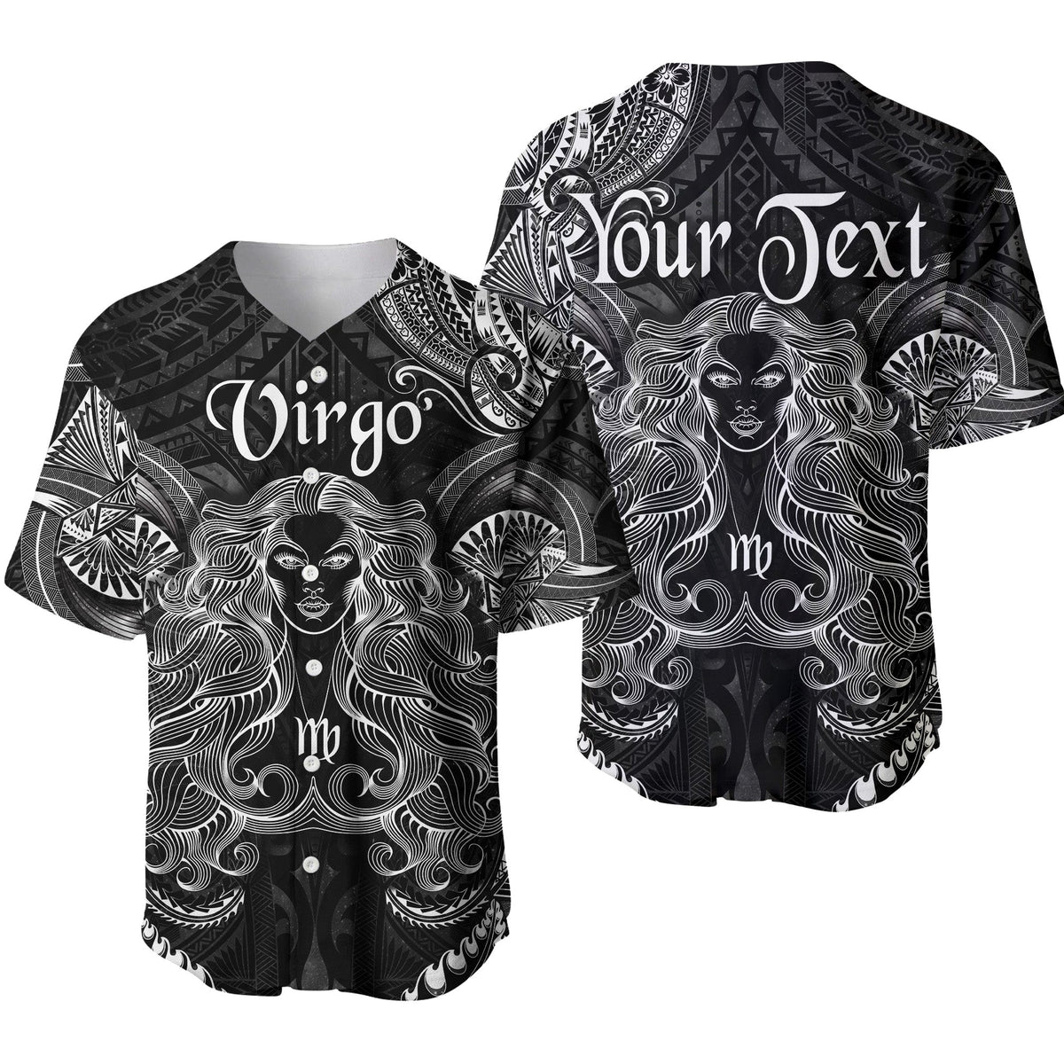Black Virgo zodiac polynesian baseball jersey, short sleeves, fan and face pattern