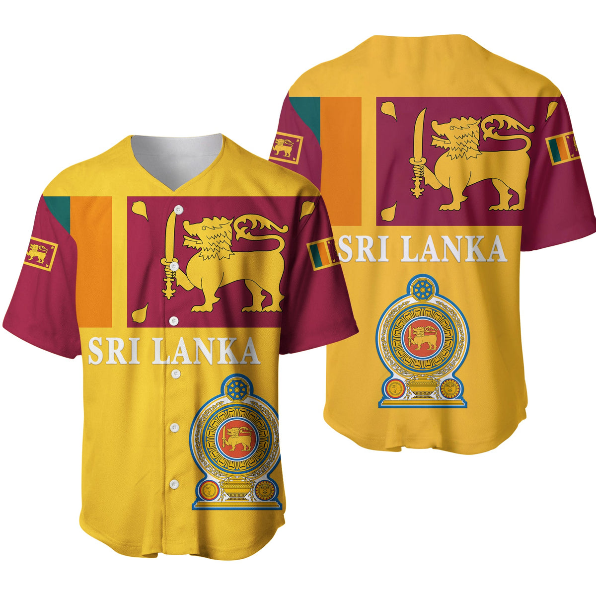 Gold baseball jersey with maroon/yellow panels, “Sri Lanka” text, crest badge