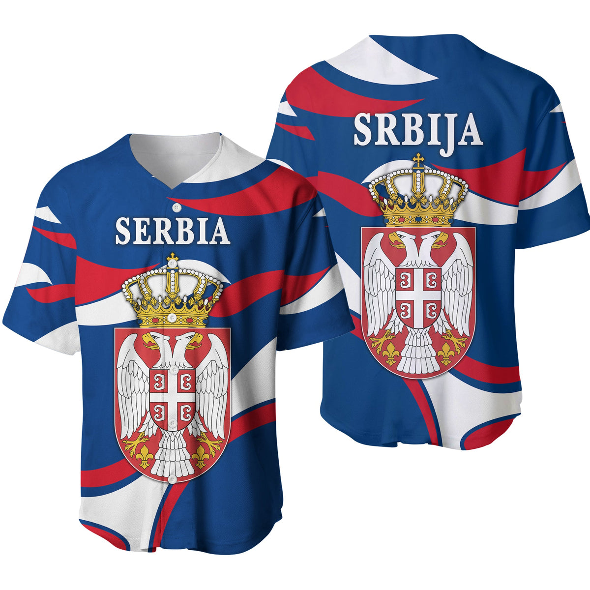 Serbia baseball jersey in blue with red/white stripes, SRBIJA logo and crest