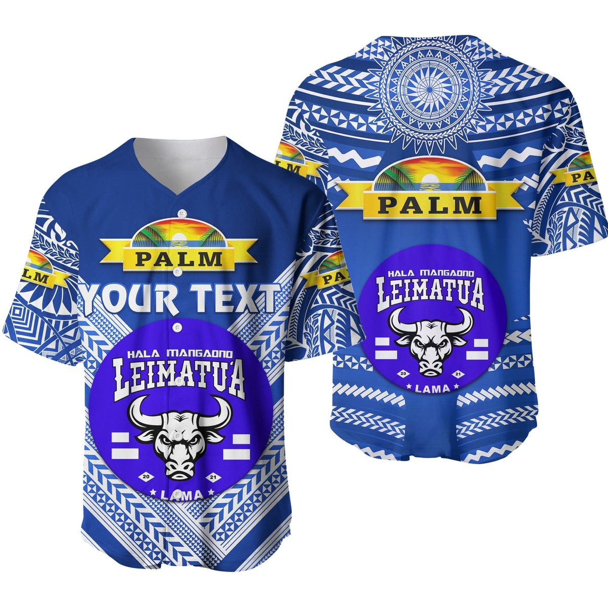 Blue baseball jersey with custom text, Palm logo, and bull graphic