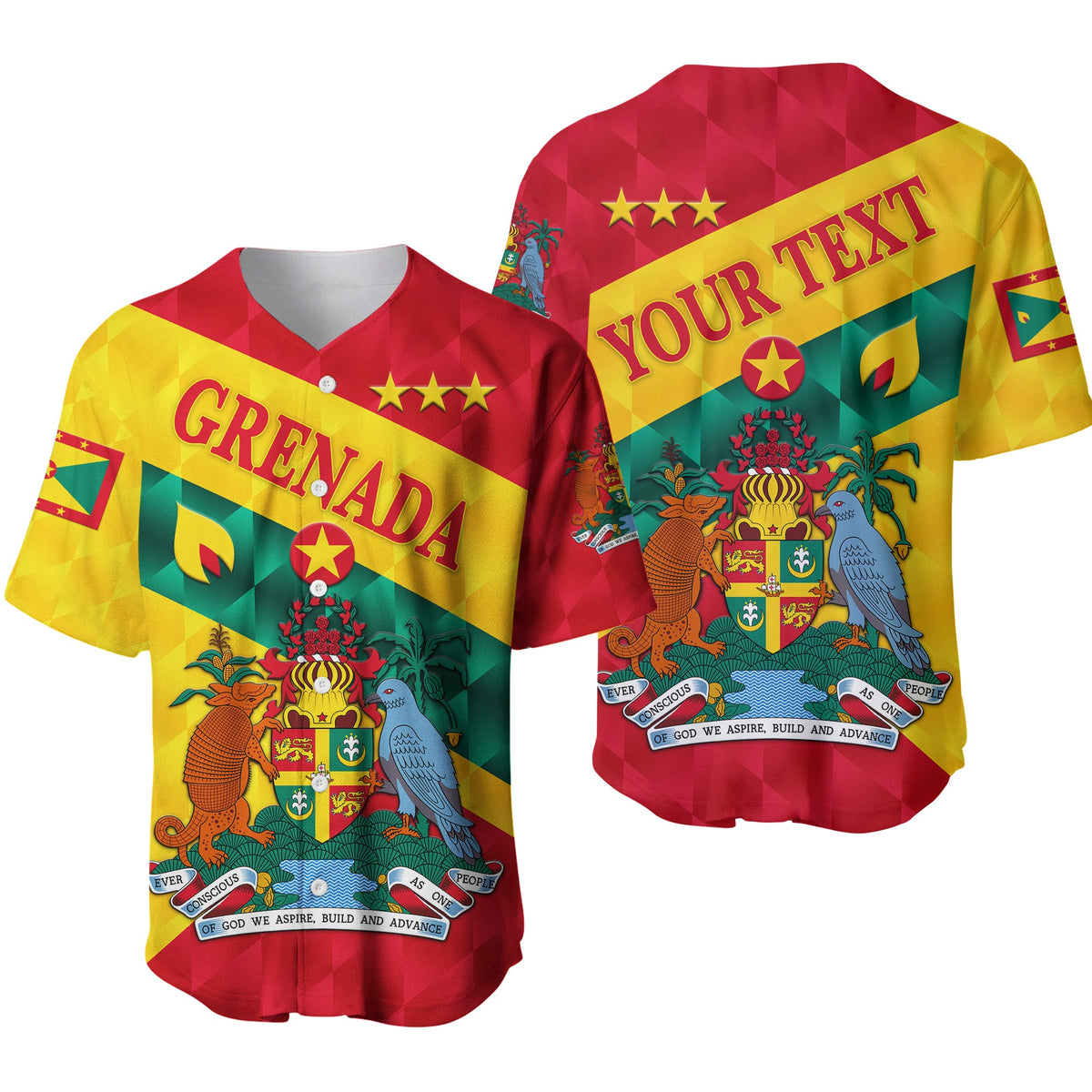 Grenada baseball jersey red-yellow with “YOUR TEXT” on back and crest graphic