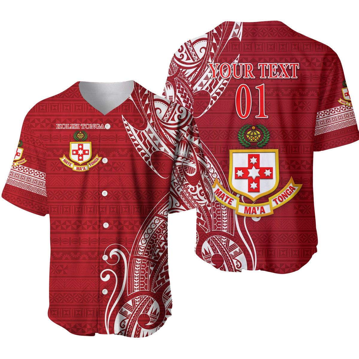 Red custom baseball jersey with “YOUR TEXT” and number 01, Tonga crest