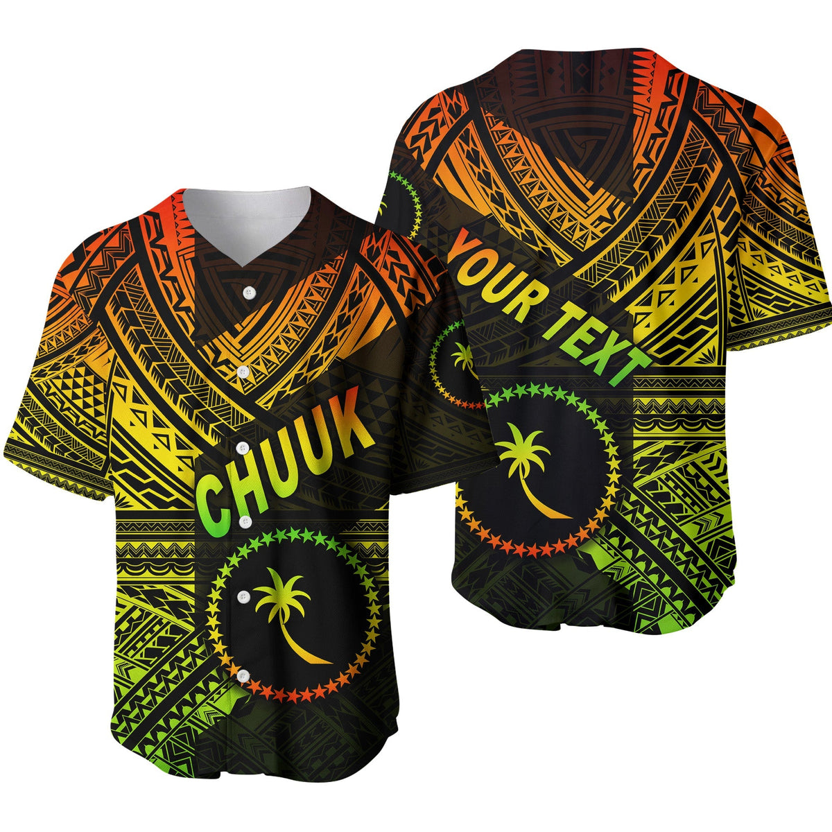 Custom baseball jersey in dark reggae pattern with 'Chuuk' lettering and bold green-yellow trim