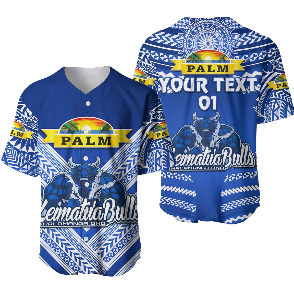 Blue baseball jersey, custom text 'YOUR TEXT' and number '01', palm and bull graphics