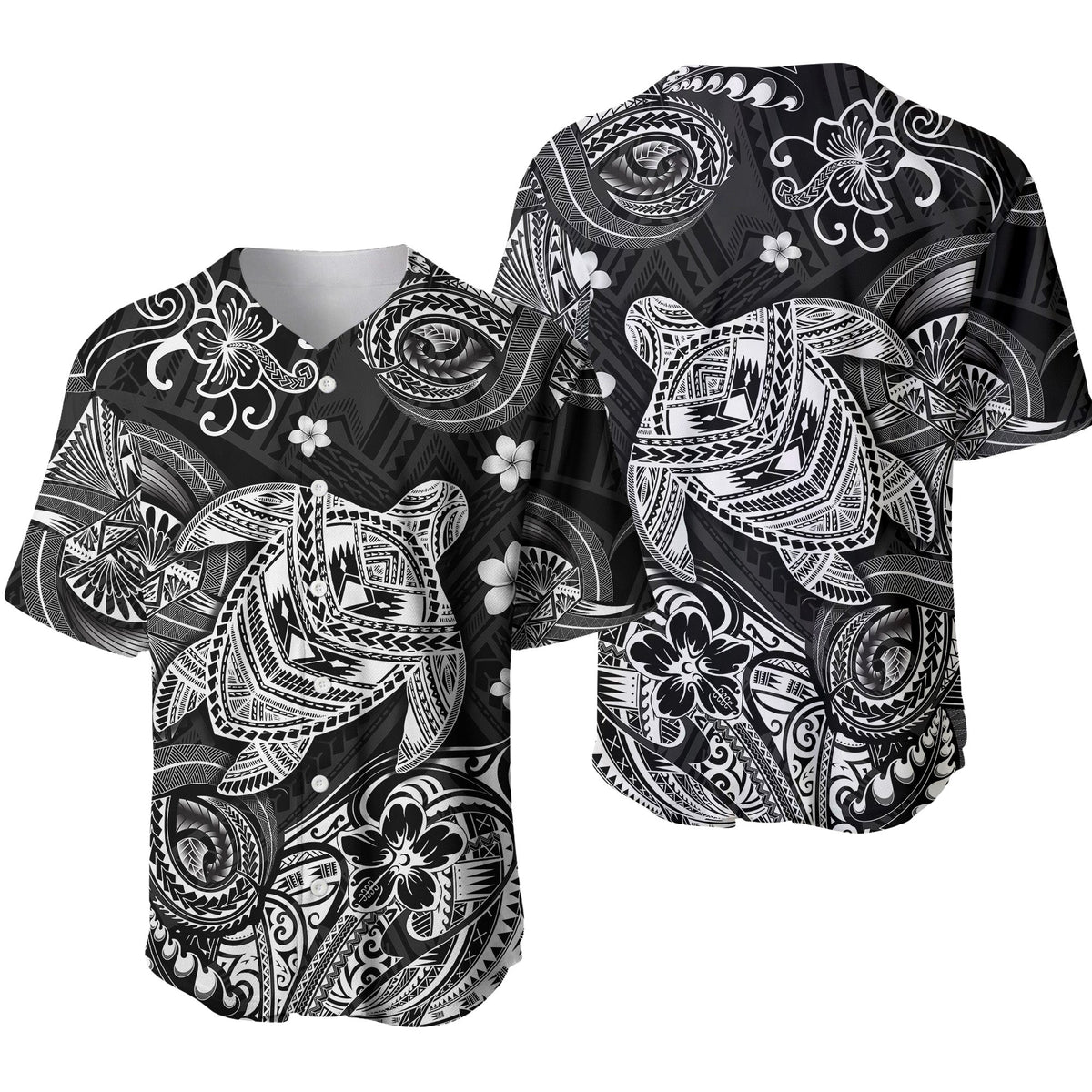 Black baseball jersey with white Polynesian turtle and plumeria floral pattern