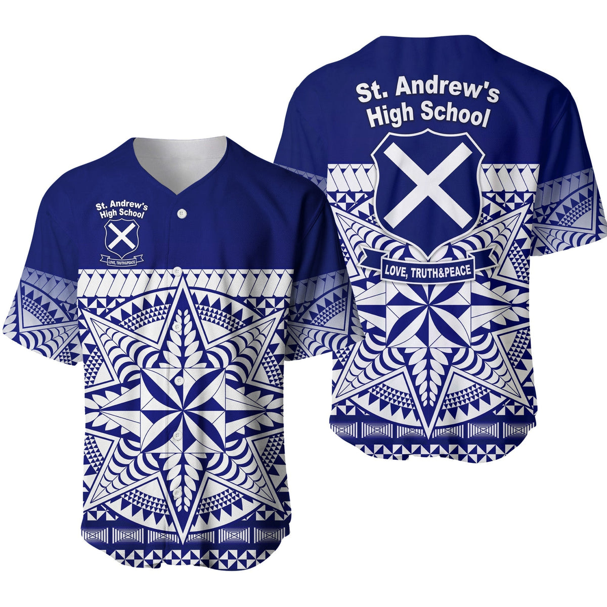Blue baseball jersey with St. Andrew's High School crest and geometric star pattern