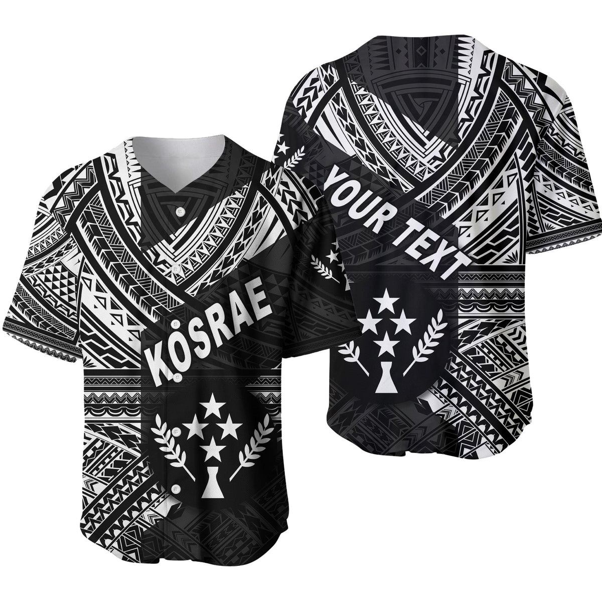 Schwarz Baseballtrikot mit Kosrae-Schrift und geometrischem Muster, V-Ausschnitt