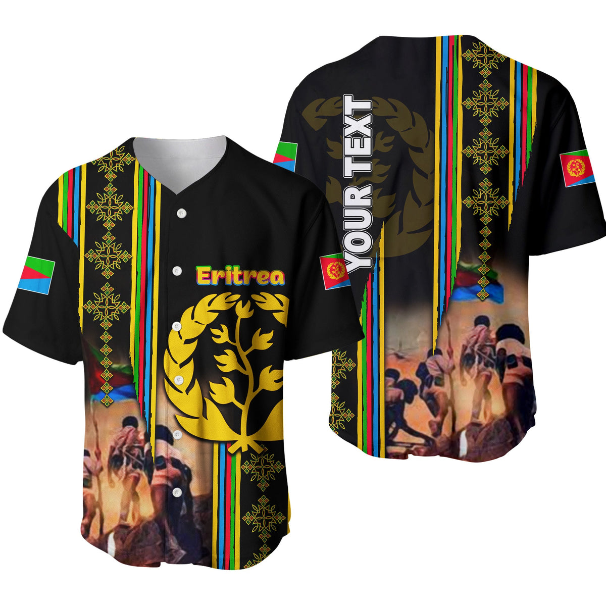 Black baseball jersey with Eritrea front print, stripes, buttons, flag crest