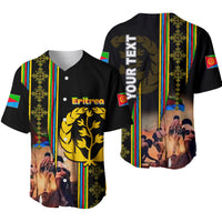 Black baseball jersey with Eritrea front print, stripes, buttons, flag crest