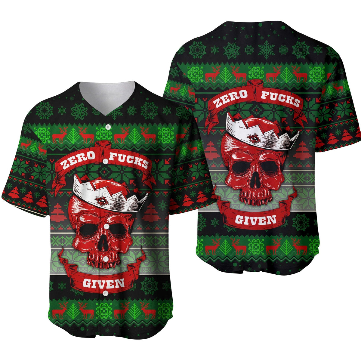 Black baseball jersey with festive skull graphic, Zero Fucks and Given text