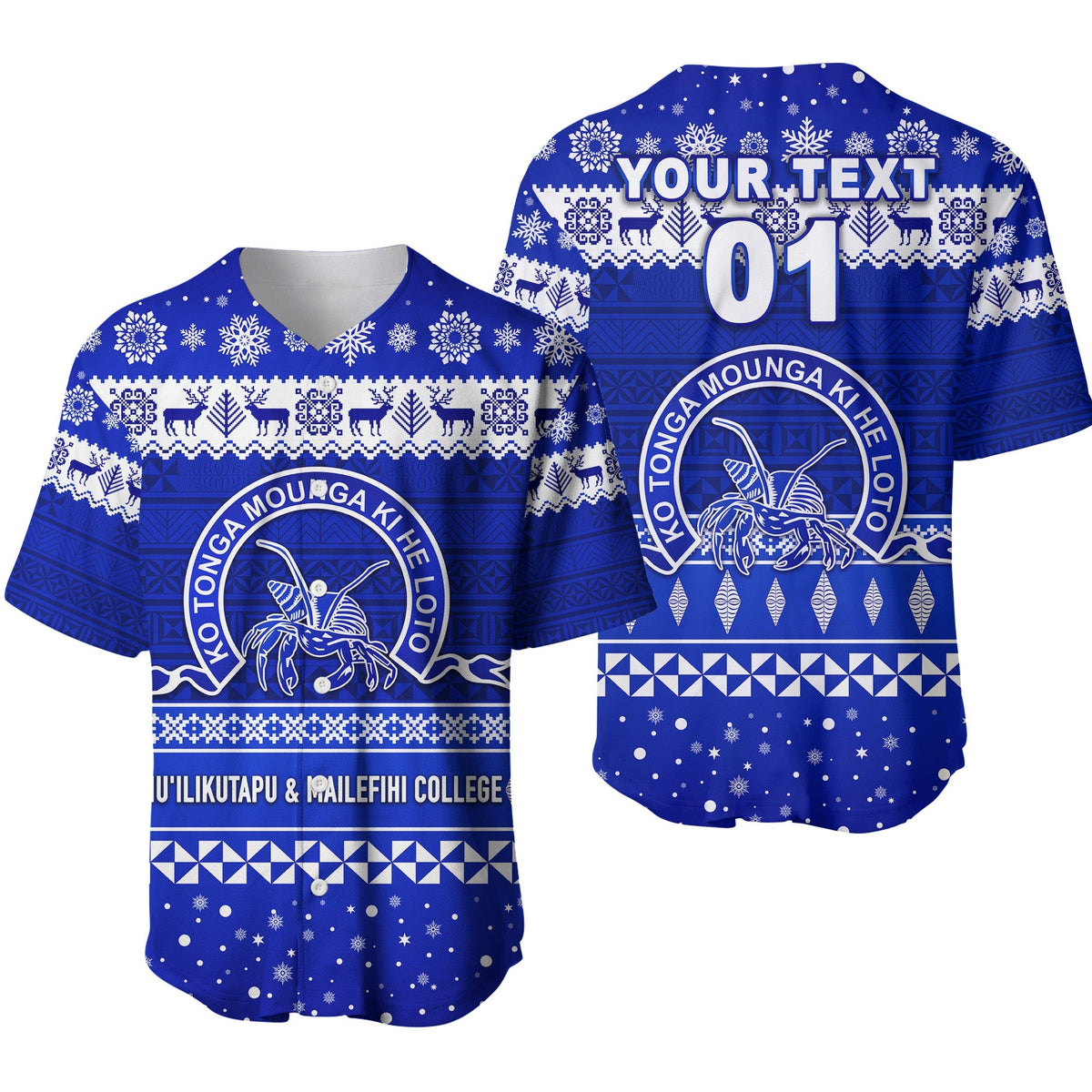 Blue Christmas baseball jersey with snowflake and reindeer pattern, crest graphic