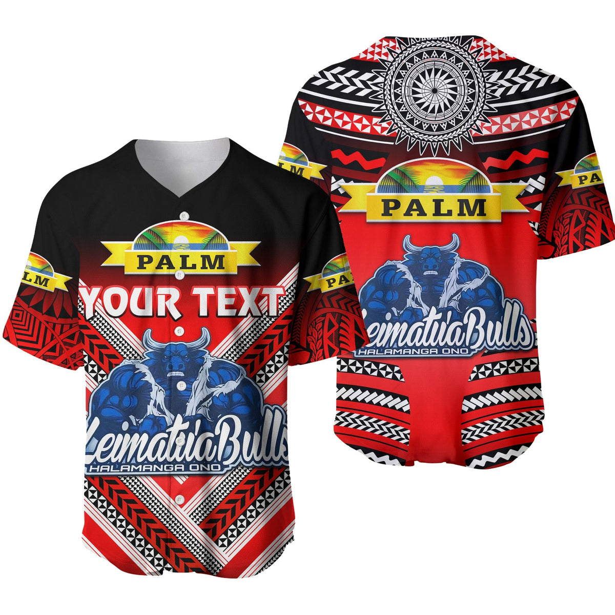 Red baseball jersey with tribal patterns, Palm logo, YOUR TEXT, and bulls graphic