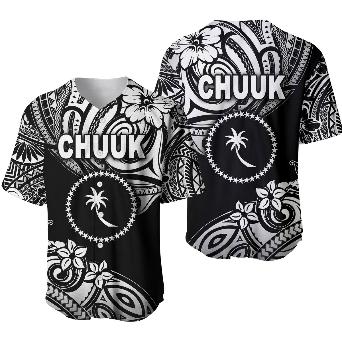 Black baseball jersey with large Chuuk logo, palm icons, and tribal white patterns