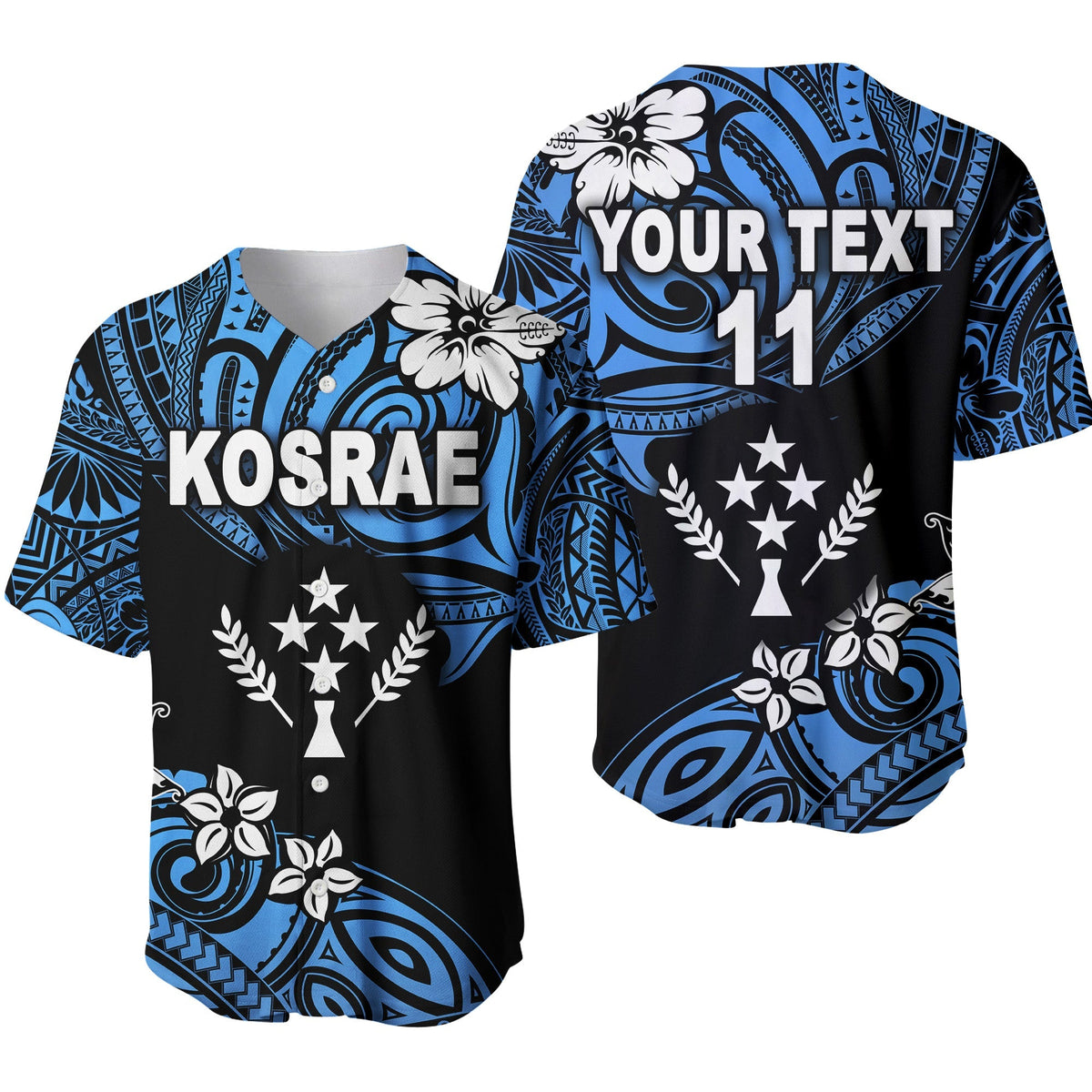 Personalised baseball jersey, blue tribal print, 'YOUR TEXT' and 'KOSRAE' on front