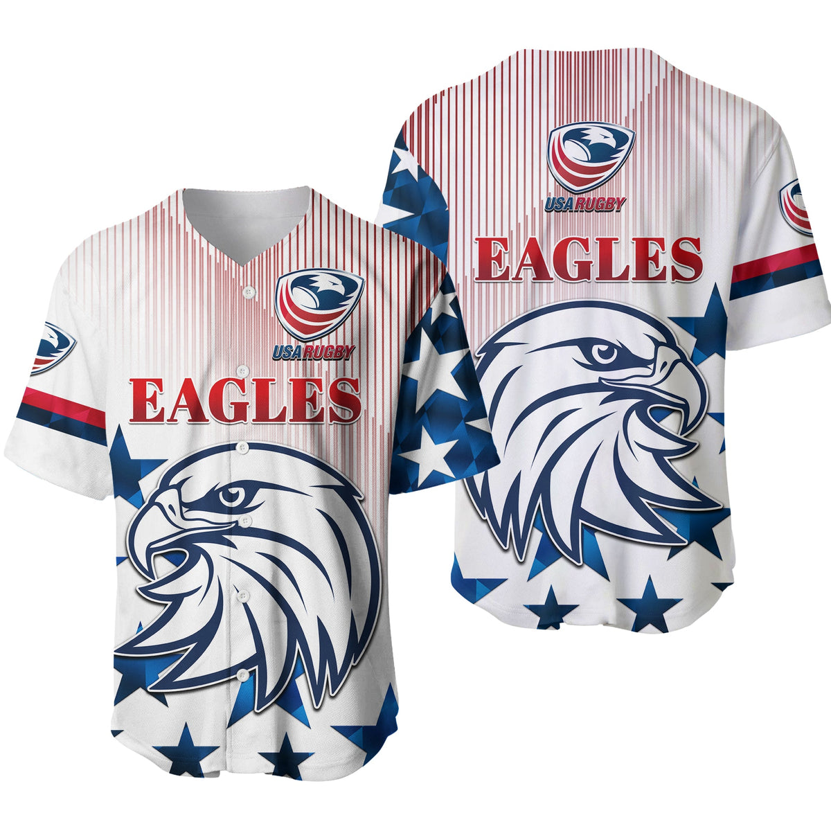 White baseball jersey with blue/red Eagles logo, eagle graphic, and star accents