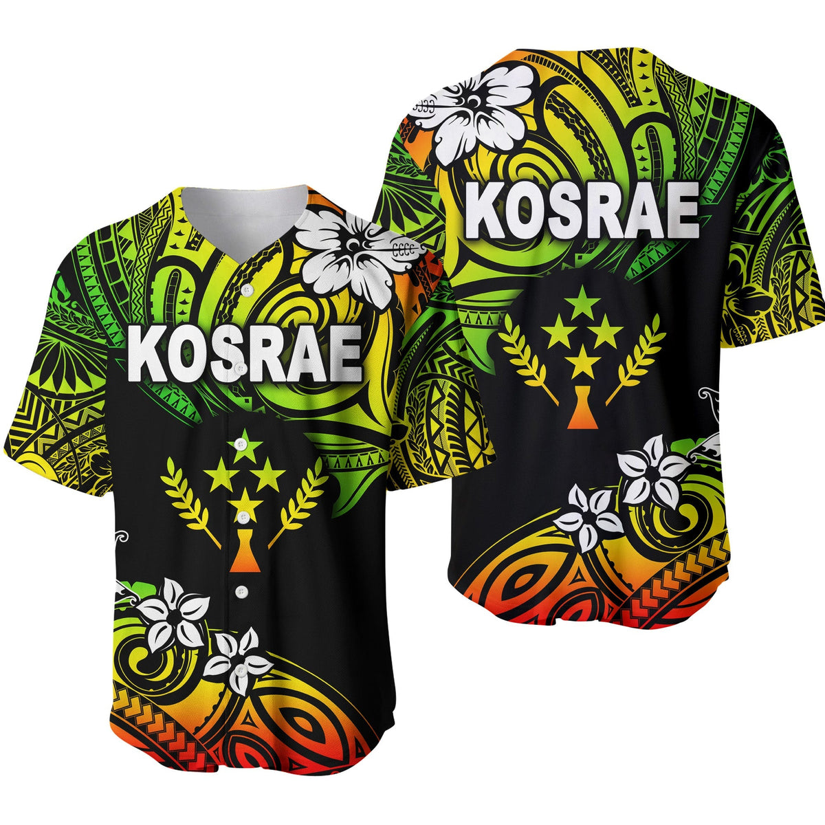 Kosrae baseball jersey in black with green, yellow and orange tribal print, front button placket