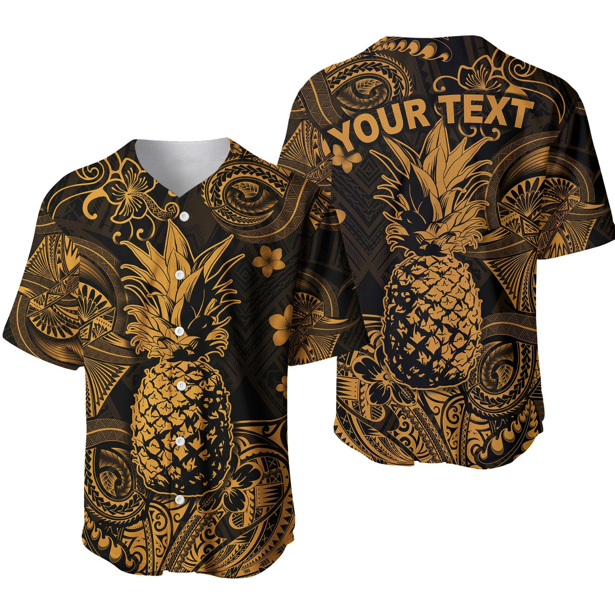 Gold pineapple polynesian baseball jersey, black with ornate gold prints
