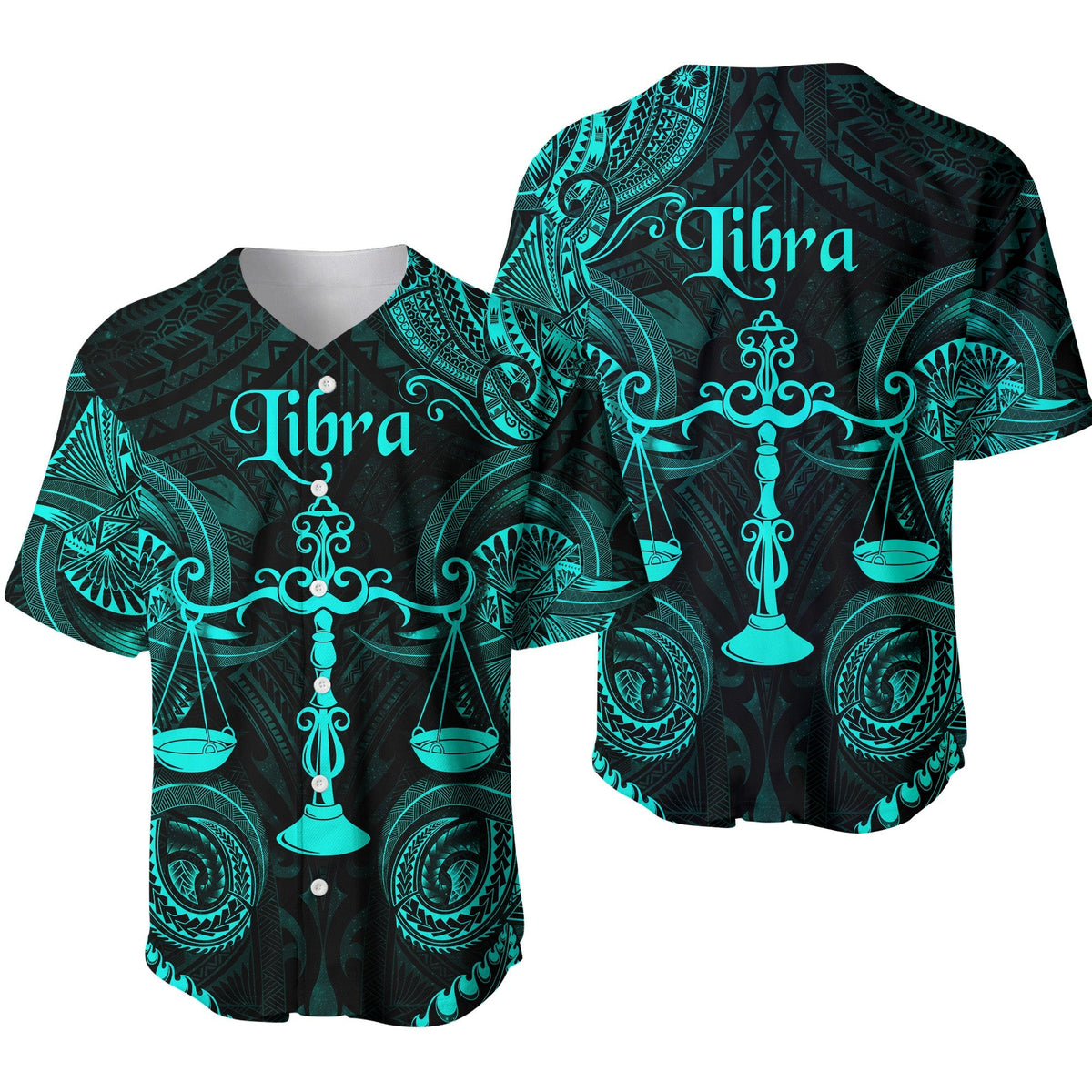 Libra zodiac baseball jersey in dark fabric with turquoise scale and tribal print