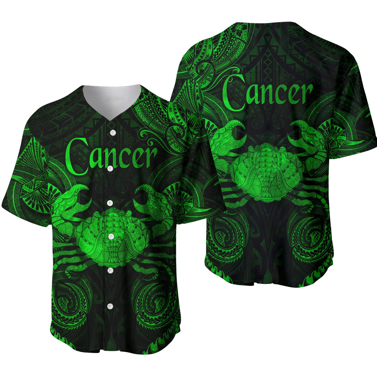 Green Cancer baseball jersey with Polynesian-style patterns, button front and curved collar