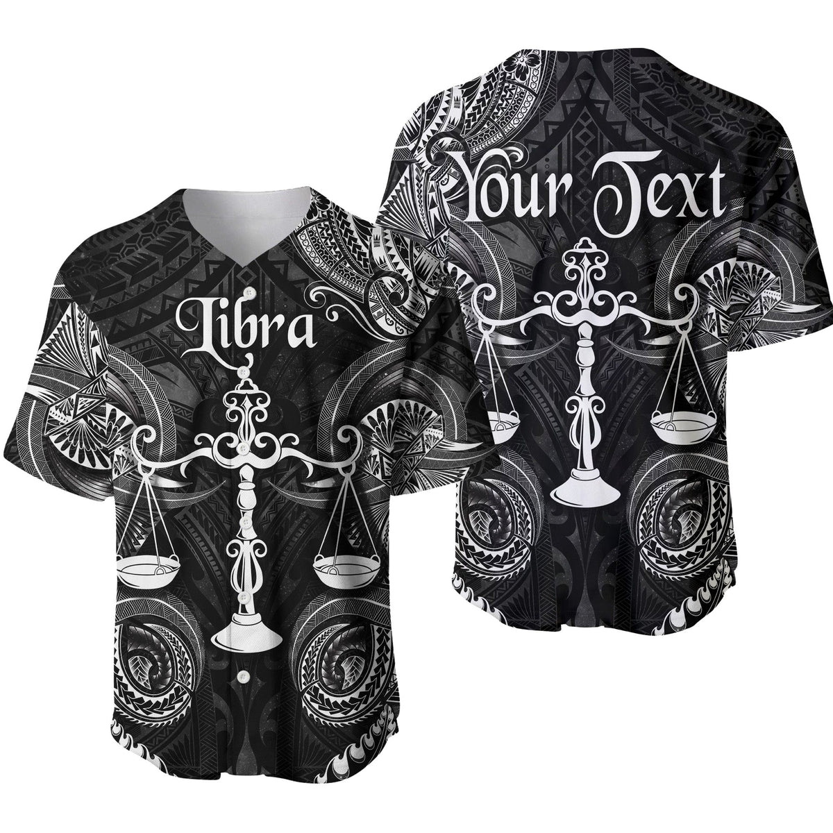 Black Libra zodiac baseball jersey with white Polynesian-style patterns and scales