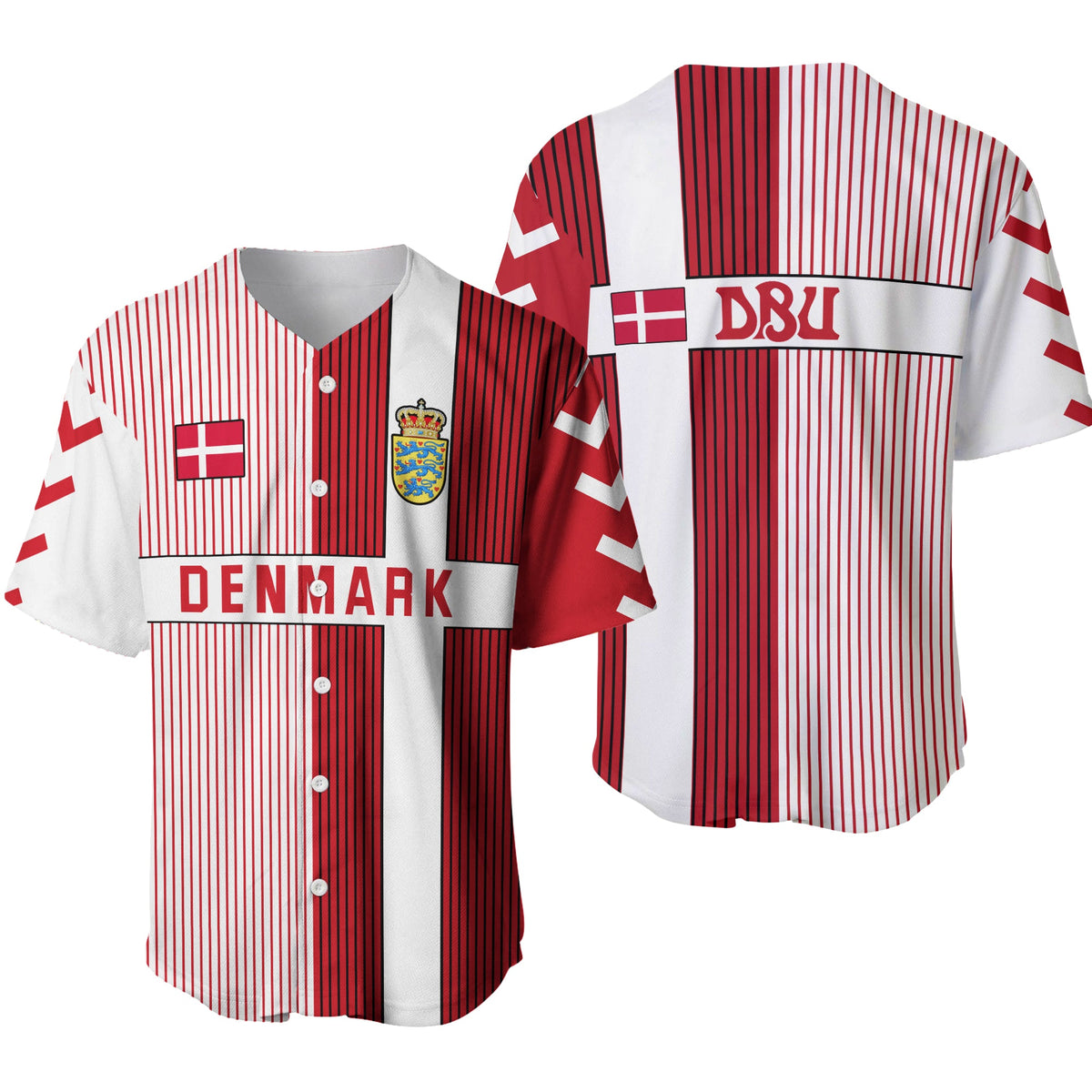 Denmark baseball jersey, white with red vertical stripes, button front, team crest