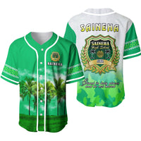 Saineha high school baseball jersey: green with white trim, front/back graphic and crest