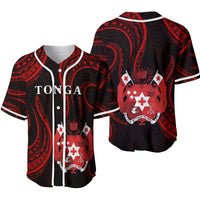 Tonga-pattern baseball jerseys: front TONGA text and back crest, red/black with white trim