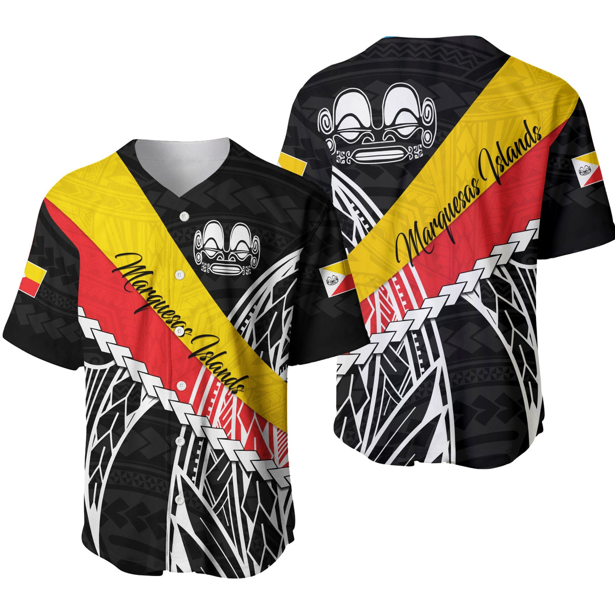 Black baseball jersey front/back views with red-yellow diagonal sash and white geometric print