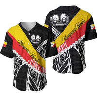Black baseball jersey front/back views with red-yellow diagonal sash and white geometric print