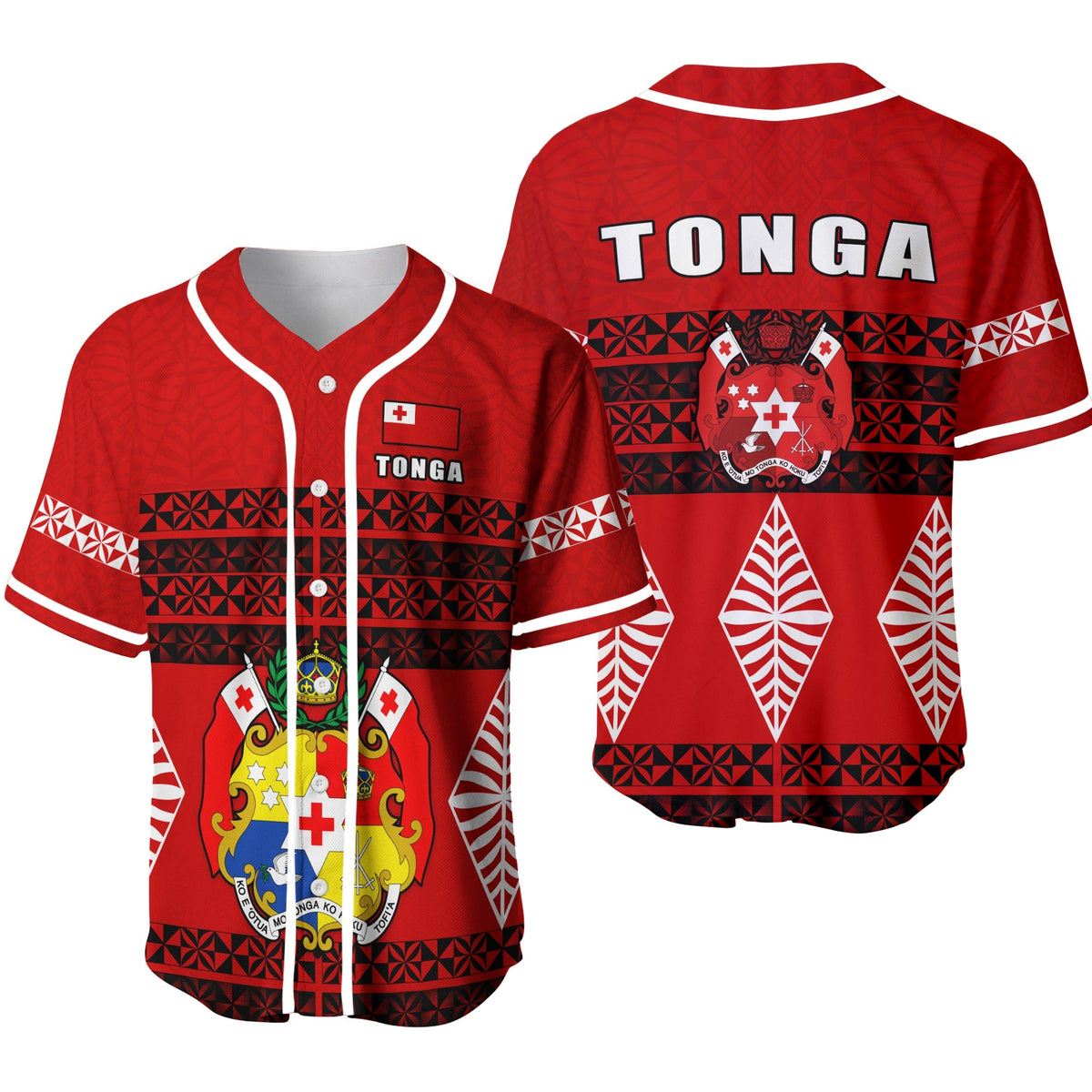 Red Tonga baseball jersey front and back view, white stripes and crest graphics