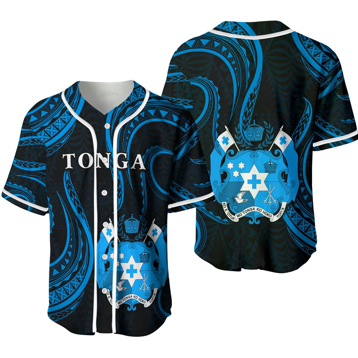 Set view: blue Tonga baseball jersey front and back, tribal print, white trim