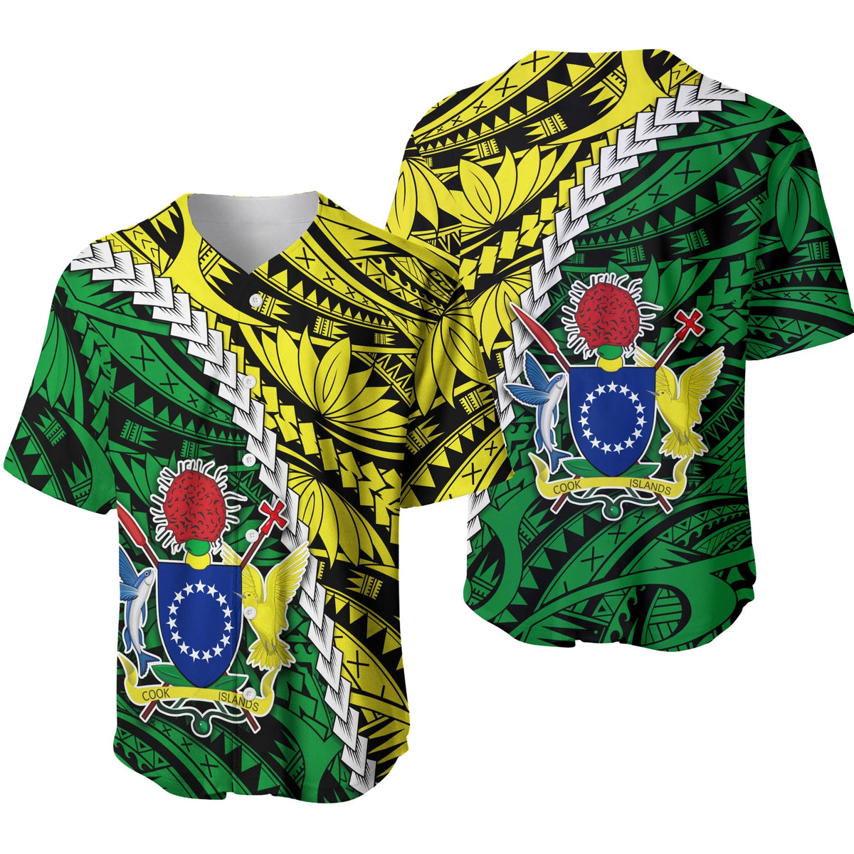 Green baseball jersey shown front and back with Polynesian shield artwork
