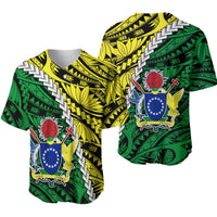 Green baseball jersey shown front and back with Polynesian shield artwork