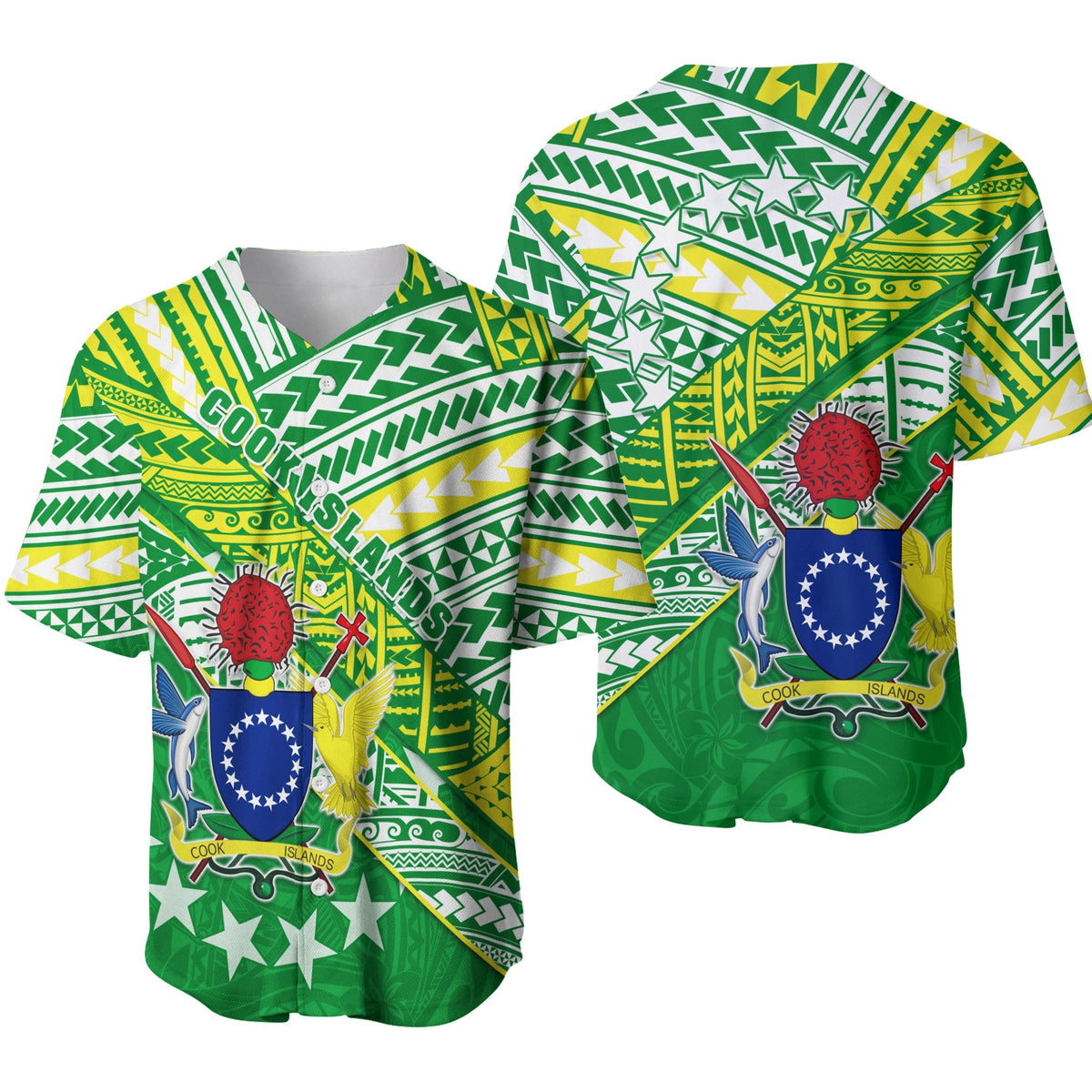 Green Cook Islands baseball jersey front and back, breathable LT13 with crest graphic