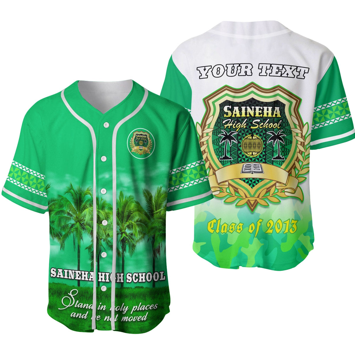 Green baseball jersey with white trim: front/back crest, your text, class of 2013