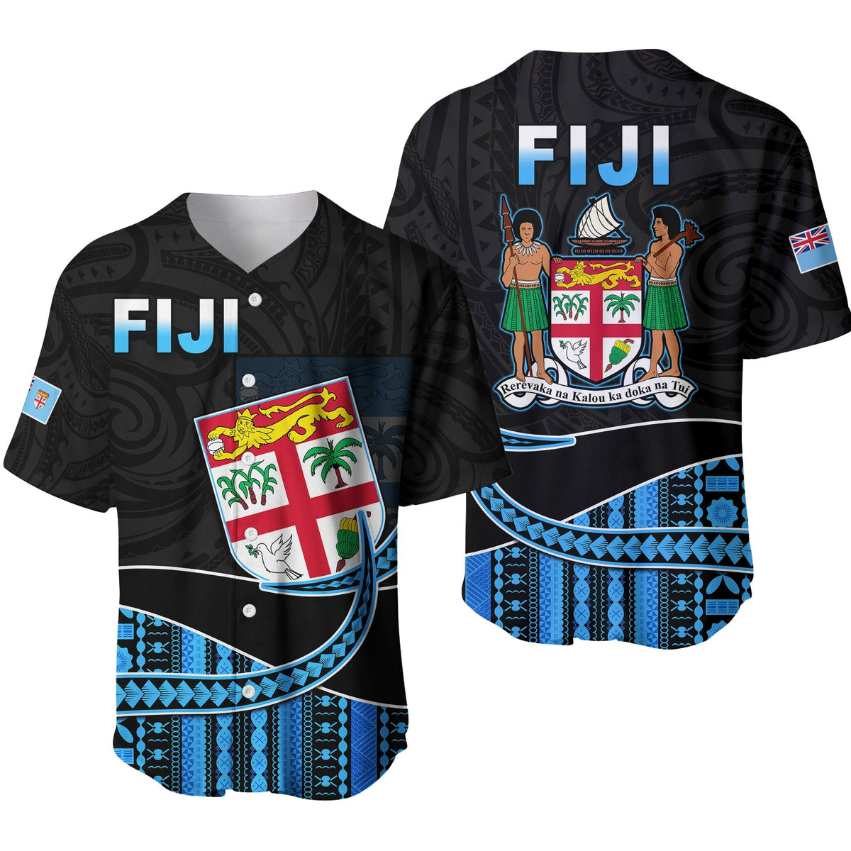 Black Fiji baseball jersey set: front and back views with crest and blue motif
