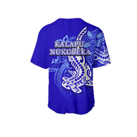 Blue baseball jersey back with KALAPU NUKULEKA lettering and Polynesian hammerhead shark graphic