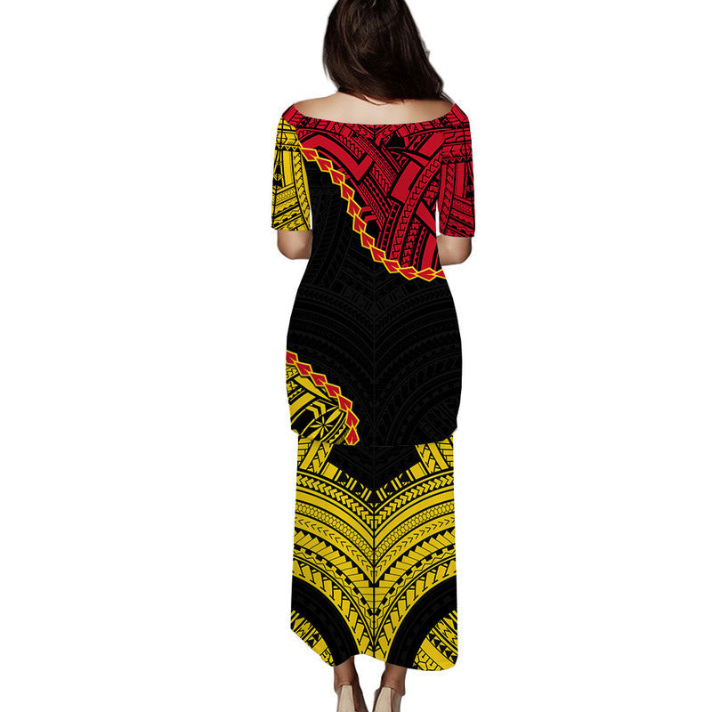 Long off-shoulder dress, black with red and yellow tribal back pattern